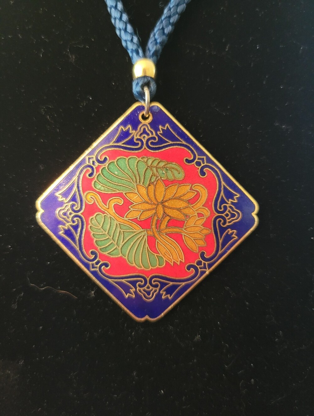 Vintage Cloisonne Lotus Flower Pendant Necklace